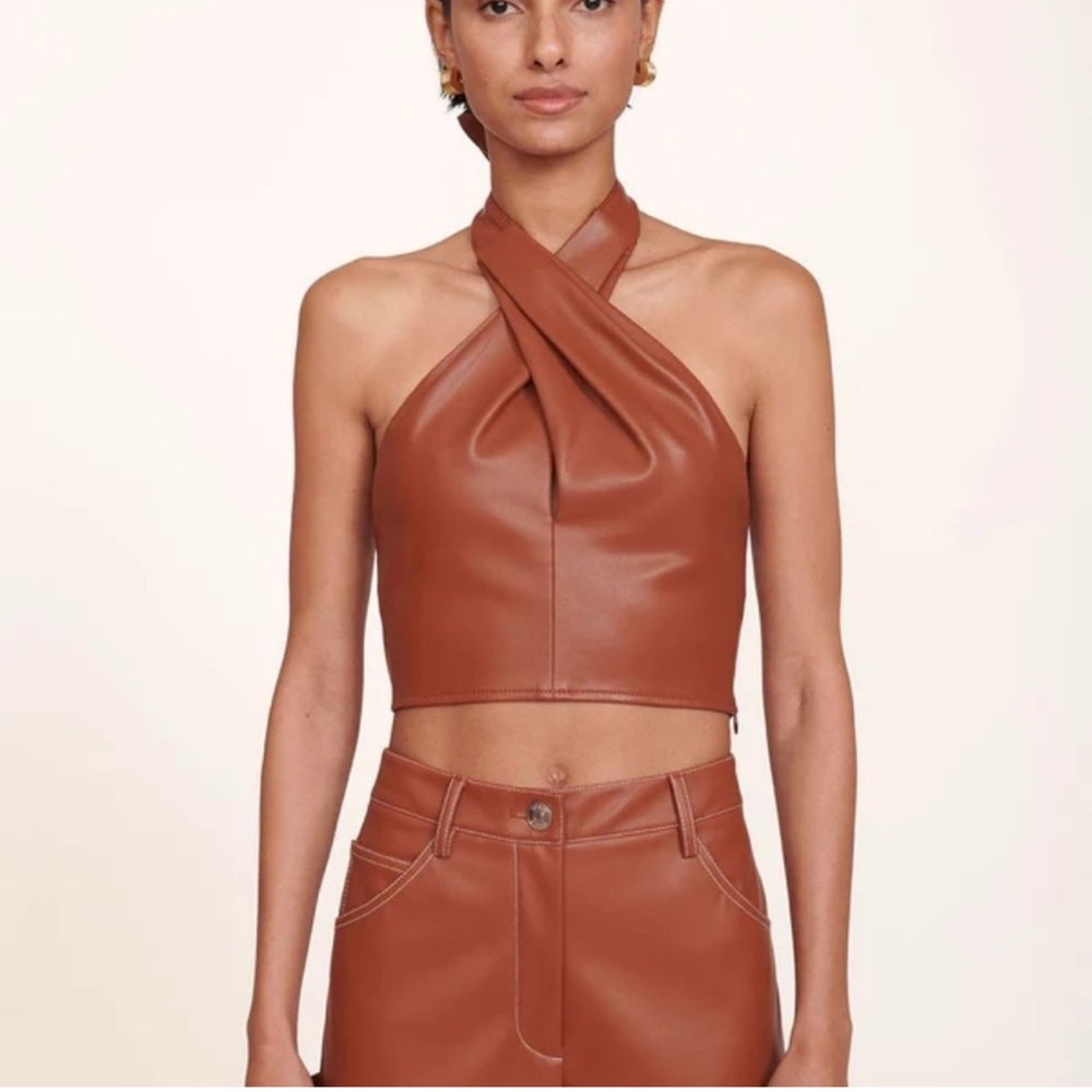 Staud Kai Halter Vegan Leather Crop Top